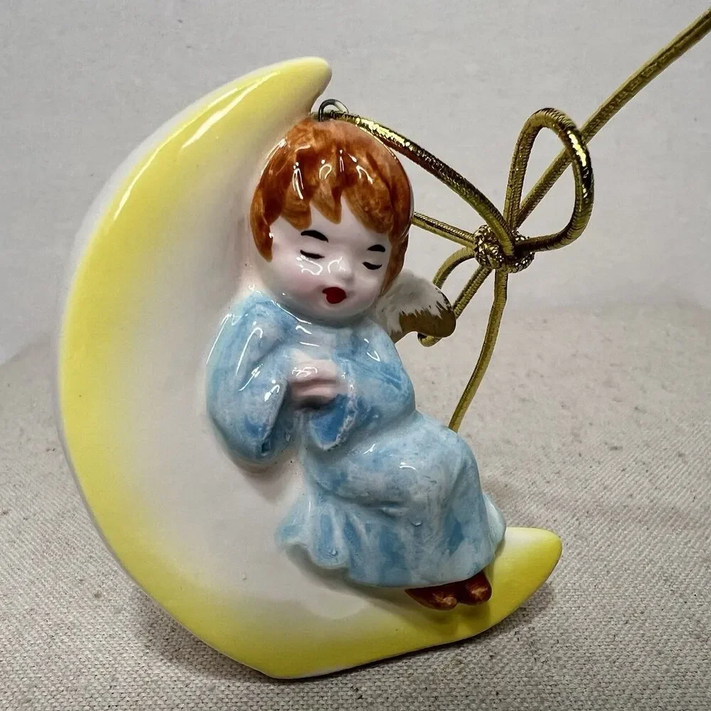 Vintage Pier 1 Japan Porcelain Sleeping Angel Christmas Ornament Blue Moon